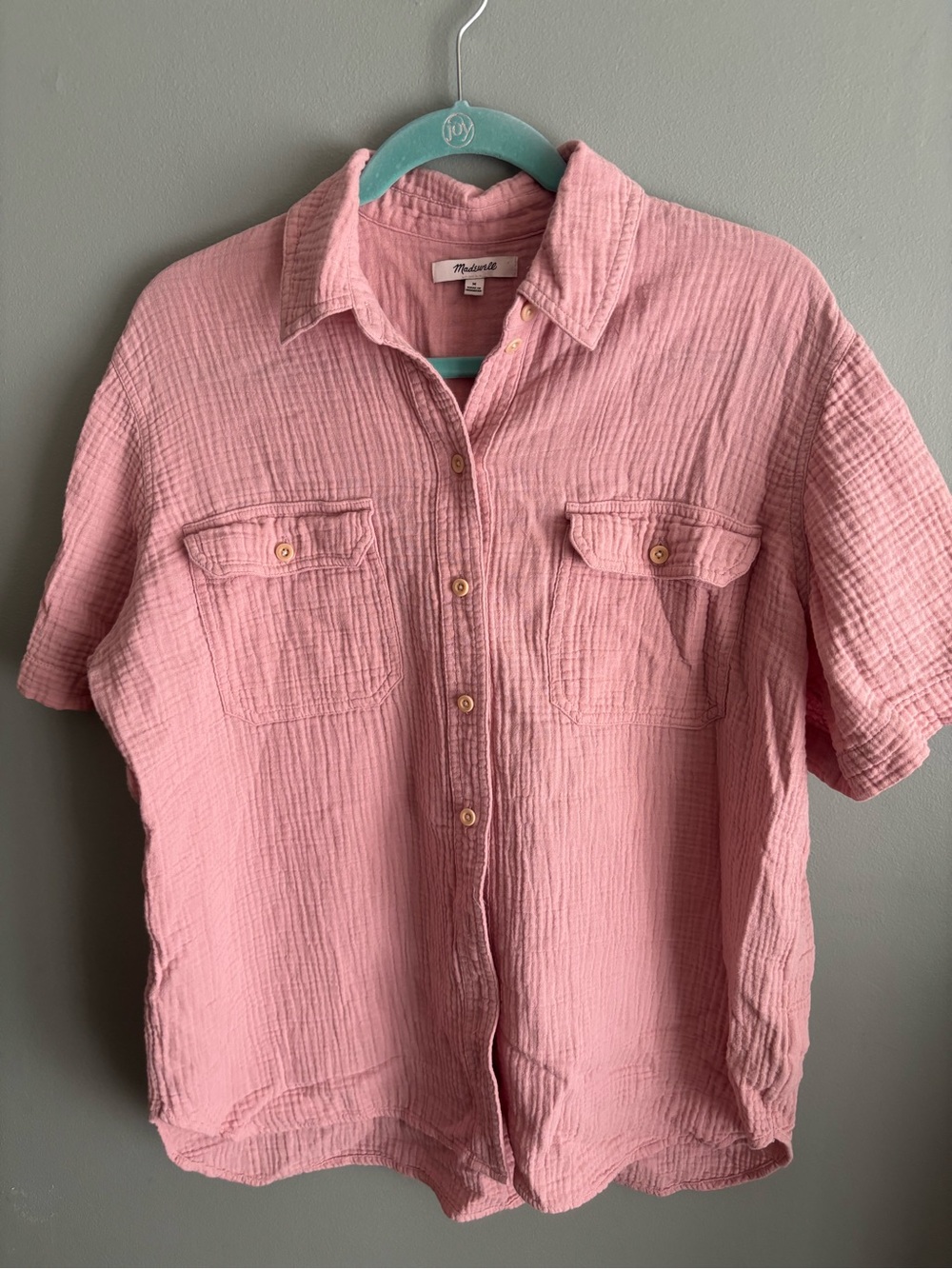 **Madewell Lightspun Short Sleeve Flap Pocket Shirt Pink Cotton Gauze Size M**